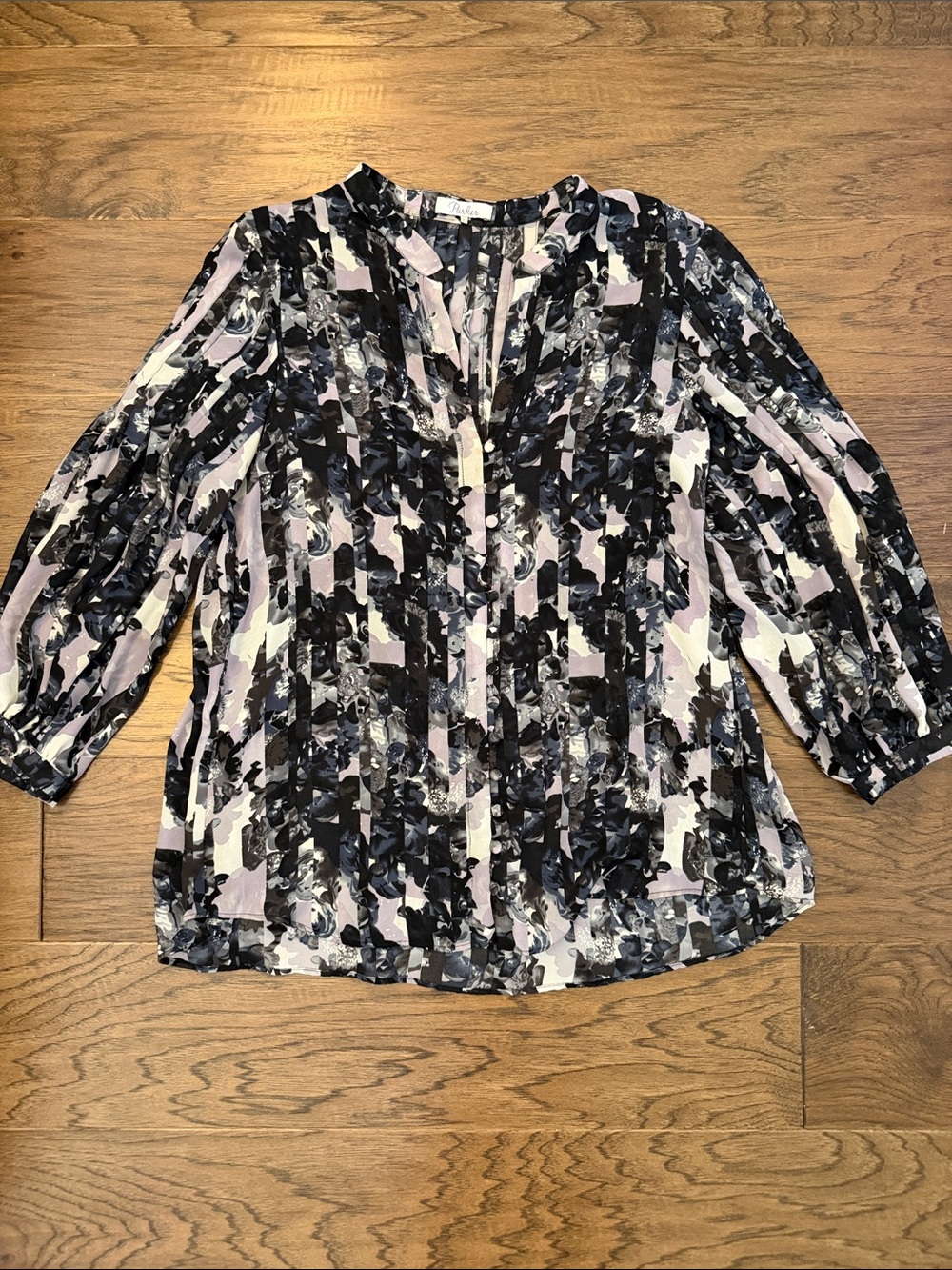 Parker NY Black/Lavender Floral Striped Pleated Button Down Blouse Sz L